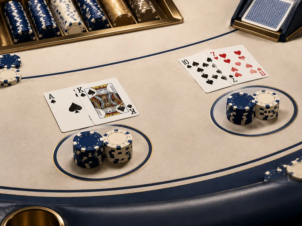 Meja blackjack dengan kartu as, raja, serta tumpukan cip