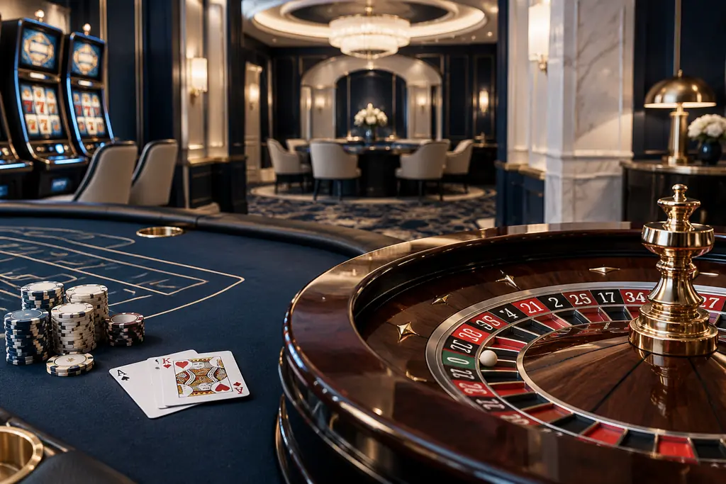 Ilustrasi ruang kasino dengan meja kartu, roda roulette, dan mesin slot