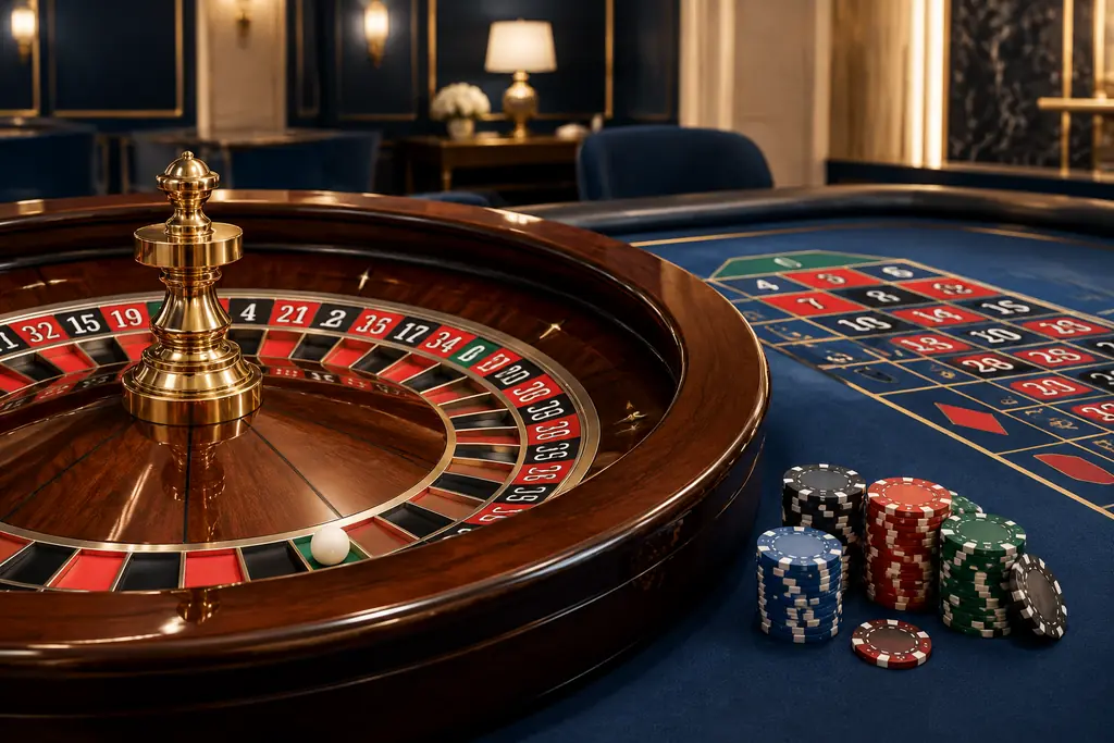 Roda roulette dan tata letak taruhan di meja kasino